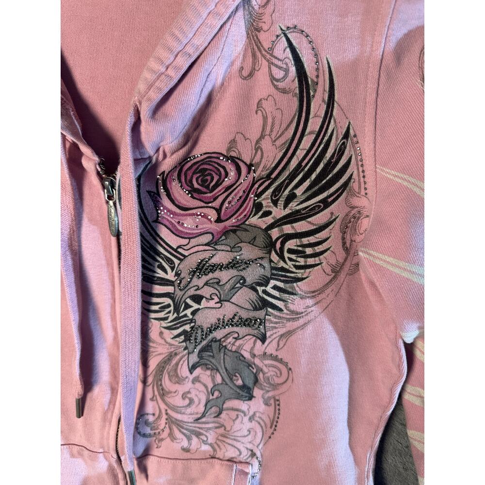 Vtg Y2K Pink Harley Davidson Zip Up Hoodie Size SM Rose Biker Barbie Grunge - Picture 8 of 9